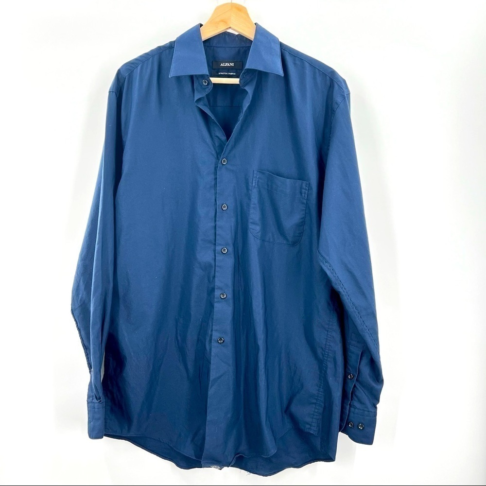 Alfani Stretch Fabric Mens Blue Button-Down long sleeved dress shirt medium